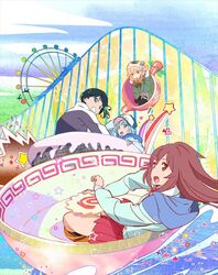  4girls amusement_park black_hair blonde_hair blue_hair blue_theme brown_hair ferris_wheel hat hibiki_ai jacket kosaka_yukina misono_chiaya moritomo_nozomi multiple_girls official_art roller_coaster the_rolling_girls 