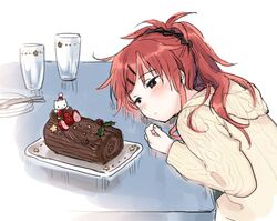  aran_sweater bad_id bad_pixiv_id blush cable_knit chigusa_asuha christmas commentary_request cup female hair_ornament hair_scrunchie hairclip head_on_table hood hooded_sweater qualidea_code red_hair scrunchie sekiya_asami solo sweater yule_log_(cake) 