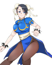  absurdres bad_id bad_pixiv_id black_hair blue_eyes bracelet breasts brown_pantyhose bun_cover china_dress chinese_clothes chun-li double_bun dress earrings female hair_bun highres jewelry large_breasts pantyhose puffy_short_sleeves puffy_sleeves sash short_hair short_sleeves side_slit smile solo spiked_bracelet spikes street_fighter yokotama 