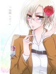  belt blue_eyes blush commentary_request emblem female flower garrison_regiment_(emblem) glasses jacket kiraki paradis_military_uniform rico_brzenska rose shingeki_no_kyojin short_hair solo translated uniform veil white_hair 