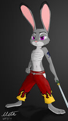  9:16 anthro bottomwear clothing disney fairy_tail female fur hi_res judy_hopps katana lagomorph leporid mammal melee_weapon mr-punctual pants purple_eyes rabbit simple_background solo sword tattoo weapon zootopia 