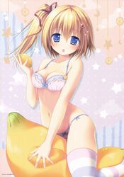  asymmetrical_hair asymmetrical_hairstyle blonde_hair blue_eyes blush bra breasts cleavage female female hair_ribbon highres konomi lemon-chan lingerie looking_at_viewer melonbooks navel open_mouth panties ponytail scan side_ponytail solo thighhighs tied_hair underwear 