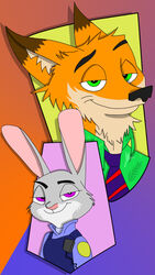  abstract_background aloha_shirt anthro bust_portrait canid canine clothing dipstick_ears disney duo ear_markings female fox fur green_eyes judy_hopps lagomorph leporid looking_at_viewer male mammal mr-punctual multicolored_body multicolored_ears multicolored_fur nick_wilde pattern_clothing pattern_shirt pattern_topwear police police_uniform portrait purple_eyes rabbit red_fox shirt smile topwear true_fox two_tone_body two_tone_fur uniform zootopia 