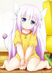  blue_eyes commentary_request dragon_girl dragon_horns female highres horns kanna_kamui kobayashi-san_chi_no_maidragon light_purple_hair long_hair looking_at_viewer pajamas parted_lips photoshop_(medium) sitting slit_pupils solo tail wariza wooden_floor yuu_(oosakazaijyuu) 