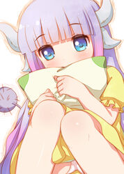  akiba_hideki blue_eyes blush commentary_request dragon_girl dragon_horns female hair_down horns kanna_kamui kobayashi-san_chi_no_maidragon light_purple_hair long_hair looking_at_viewer panties photoshop_(medium) pillow slit_pupils solo tail underwear white_panties 