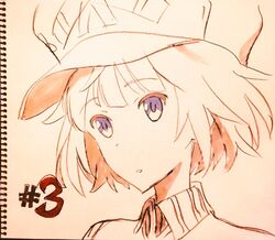  blue_eyes female hat kosaka_yukina monochrome official_art portrait short_hair solo the_rolling_girls 