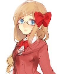  axis_powers_hetalia bad_id bad_pixiv_id blonde_hair blue_eyes blush bow braid female hair_ornament hairbow hairclip long_hair long_sleeves lowres monaco_(hetalia) pomuta_(tama922) red_bow simple_background single_braid smile solo white_background 