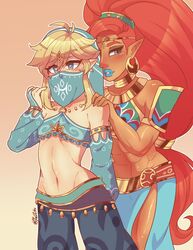  1boy abs absurdres armor bad_id bad_twitter_id big_hair blonde_hair breastplate circlet crossdressing dark-skinned_female dark_skin detached_sleeves female gerudo gerudo_set_(zelda) hair_pulled_back hands_on_another&#039;s_shoulders heart heart-shaped_pupils highres kaibuzetta link lipstick makeup midriff mouth_veil muscular muscular_female navel official_alternate_costume otoko_no_ko pointy_ears red_hair swept_bangs symbol-shaped_pupils the_legend_of_zelda the_legend_of_zelda:_breath_of_the_wild toned toned_male urbosa veil 