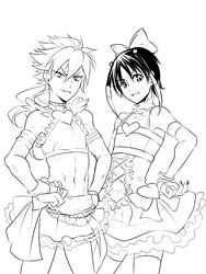  2boys bad_id bad_pixiv_id bow corset cosplay crop_top crossdressing dress frilled_dress frills greyscale hair_ornament hairbow hakuryuu_(inazuma_eleven) heart inazuma_eleven_(series) inazuma_eleven_go long_hair male_focus midriff monochrome multiple_boys navel panty_&amp;_stocking_with_garterbelt panty_(psg) panty_(psg)_(cosplay) short_hair shuu_(inazuma_eleven) simple_background skirt stocking_(psg) stocking_(psg)_(cosplay) white_background zuwai_kani 