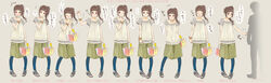  bag beige_background blue_legwear blunt_bangs blush brown_hair commentary_request ebba female full_body green_skirt handbag head_tilt highres long_skirt nervous one_eye_closed original pantyhose photoshop_(medium) pout red_eyes sandals side_ponytail simple_background skirt smile standing 