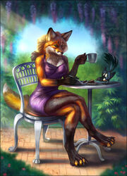  2017 ambiguous_gender anthro avian bird brown_body brown_fur canid canine chair clothing container corvid cup detailed_background digital_media_(artwork) dress duo eurasian_magpie female fox fur furniture holarctic_magpie magpie_(corvid) mammal oscine passerine paws red-izak red_fox reyna_(reynafox) sitting solo_focus table true_fox 