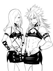  2boys abs androgynous bad_id bad_pixiv_id collar cosplay crossdressing garushaa_wolfein greyscale inazuma_eleven_(series) inazuma_eleven_go inazuma_eleven_go_chrono_stone kneesocks_(psg) kneesocks_(psg)_(cosplay) long_hair male_focus midriff miniskirt monochrome multiple_boys muscular navel panty_&amp;_stocking_with_garterbelt pointy_ears scanty_(psg) scanty_(psg)_(cosplay) simple_background skirt spiked_collar spikes vanfeny_vamp white_background zuwai_kani 