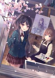  2girls :d absurdres apple apron art_room blazer blurry blush brown_hair canvas_(object) chair cherry_blossoms collared_shirt depth_of_field dress dutch_angle easel faucet food fruit fukahire_(ruinon) highres holding holding_paintbrush indoors jacket long_hair long_sleeves multiple_girls one_side_up open_mouth open_window original paintbrush palette_(object) parted_lips petals plaid plaid_skirt pleated_skirt purple_eyes red_eyes red_skirt scan school_uniform shirt sink sitting skirt smile standing window wing_collar wooden_floor 