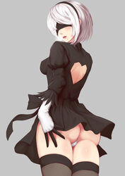  2b_(nier:automata) ass bad_id bad_pixiv_id black_blindfold black_dress black_thighhighs blindfold blush breasts breath clothing_cutout covered_eyes cowboy_shot dress facing_viewer fedsnk female from_behind gloves hairband heart_cutout highres juliet_sleeves leotard leotard_under_clothes long_sleeves looking_back mole mole_under_mouth nier:automata nier_(series) parted_lips photoshop_(medium) puffy_sleeves short_dress short_hair small_breasts solo sweat thighhighs white_hair 