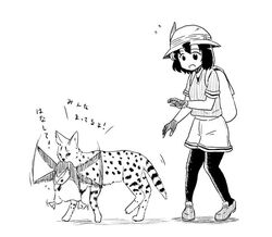  animal animalization backpack bag bird commentary feline female gloves greyscale hat helmet kaban_(kemono_friends) kemono_friends ki-51_(ampullaria) monochrome pantyhose penguin pith_helmet royal_penguin royal_penguin_(kemono_friends) serval serval_(kemono_friends) shorts translated 