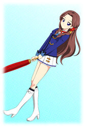  aikatsu! aikatsu!_(series) blue_background blue_eyes boots brown_hair closed_umbrella commentary_request dutch_angle female fujiwara_miyabi_(aikatsu!) full_body hair_ornament high_heels highres knee_boots long_hair long_sleeves oo7spikeout pleated_skirt school_uniform simple_background skirt smile solo starlight_academy_school_uniform umbrella uniform walking white_skirt 