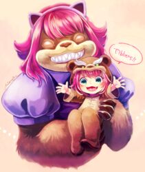  :d animal_costume annie_(league_of_legends) bear_costume commentary cosplay costume_switch female green_eyes league_of_legends mizoreame oerba_yun_fang open_mouth red_hair short_hair smile tibbers v-shaped_eyebrows 