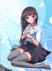  absurdres accel_world aikei_yukiko artist_request blue_background blue_eyes blunt_bangs blush breasts brown_hair character_name cleavage collar collarbone collared_shirt dress_shirt female full_body grey_thighhighs head_tilt highres knees_together_feet_apart kurasaki_fuuko pleated_skirt school_uniform shirt short_sleeves simple_background sitting skirt small_breasts smile solo thighhighs undressing wariza white_shirt zettai_ryouiki 