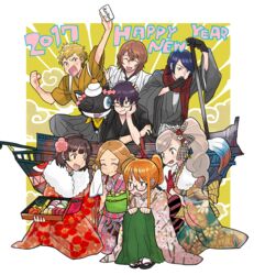  2017 4boys 4girls ahoge akechi_gorou amamiya_ren bad_id bad_twitter_id black_hair blonde_hair blue_eyes blue_hair blush braid brown_hair closed_eyes crown_braid eating english_text feline food glasses hair_ribbon japanese_clothes kida_yuu kimono kitagawa_yuusuke long_hair morgana_(persona_5) multiple_boys multiple_girls niijima_makoto okumura_haru one_eye_closed open_mouth orange_hair persona persona_5 ponytail ribbon sakamoto_ryuuji sakura_futaba short_hair smile takamaki_anne tasuki twintails 