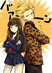  1boy animal_print back-to-back bad_id bad_pixiv_id black_serafuku blonde_hair brown_eyes brown_hair cowboy_shot crossed_arms earrings fate/extra fate/stay_night fate_(series) female gilgamesh_(fate) gilgamesh_(modern_costume_of_volupte)_(fate) hair_slicked_back highres jewelry kishinami_hakuno_(female) long_hair looking_at_viewer miniskirt nishimi_shin official_alternate_costume pleated_skirt red_eyes ribbon school_uniform serafuku skirt smirk tiger_print translation_request tsukumihara_academy_uniform_(fate/extra_ccc) 