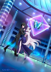  1boy black_hair blonde_hair bug butterfly command_spell commentary_request couple dancing dress fate/grand_order fate_(series) female formal fujimaru_ritsuka_(male) fujimaru_ritsuka_(male)_(royal_brand) full_body high_heels jeanne_d&#039;arc_alter_(avenger)_(fate) jeanne_d&#039;arc_alter_(fate) long_hair looking_at_another navel night shirotsumekusa short_hair smile straight suit yellow_eyes 