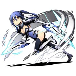  alpha_transparency black_legwear blue_hair blue_leotard boots bow breasts brown_eyes cleavage covered_navel date_a_live divine_gate female from_side full_body gloves groin hair_between_eyes hairbow high_heel_boots high_heels knee_boots leg_up leotard long_hair looking_at_viewer mecha_musume medium_breasts mole mole_under_eye official_art parted_lips ponytail running shadow solo takamiya_mana transparent_background ucmm white_gloves 