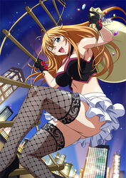  antenna_hair bag bangs bare_shoulders black_footwear black_gloves blonde_hair breasts city female fishnet_legwear fishnets frilled_skirt from_below gem gloves green_eyes happy ikkitousen large_breasts long_hair looking_at_viewer loot midriff miniskirt night night_sky no_bra oerba_yun_fang outdoors rope_ladder skirt skyscraper smile solo sonsaku_hakufu star_(sky) starry_sky tagme thief upskirt white_skirt wink 