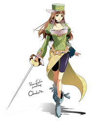  bike_shorts bra breasts brown_hair chimaki_(impressiveanarchy) claudia_(saga) cleavage closed_mouth commentary_request female green_eyes hat long_hair romancing_saga romancing_saga_minstrel_song saga solo standing underwear 