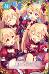  :d :o black_collar black_gloves blonde_hair blue_background blush bow card_(medium) clenched_hands dress earrings elbow_gloves flat_chest gloves hairbow hand_up hands_up heart heart_earrings jewelry kisaki_emiri magia_record:_mahou_shoujo_madoka_magica_gaiden mahou_shoujo_madoka_magica midriff multiple_views navel official_art open_mouth puffy_short_sleeves puffy_sleeves red_dress shamonor short_sleeves smile standing suspenders twintails 