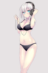  anastasia_(idolmaster) aqua_eyes audio-technica bikini black_bikini bonkiru commentary_request female headphones highres idolmaster idolmaster_cinderella_girls looking_at_viewer navel photoshop_(medium) short_hair simple_background solo stomach swimsuit white_hair 