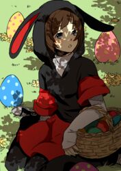  ai-wa animal_ears animal_hood annaliese_koell basket blue_eyes brown_hair easter easter_egg egg fake_animal_ears female flower grass hood hoodie looking_up missing_stars rabbit_ears rabbit_hood shadow sitting solo wariza 