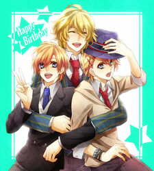  3boys bad_id bad_pixiv_id birthday blonde_hair blue_eyes brothers closed_eyes glasses hair_ornament hairclip happy_birthday hat hug hug_from_behind kurusu_kaoru kurusu_shou male_focus multiple_boys necktie open_mouth rico_(fbn3) school_uniform shinomiya_natsuki_(uta_no_prince-sama) siblings smile twins uta_no_prince-sama v 