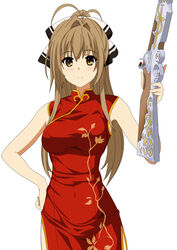  absurdres amagi_brilliant_park antenna_hair blush breasts brown_hair china_dress chinese_clothes commentary_request dress female gun hand_on_own_hip highres knightstar long_hair medium_breasts musket photoshop_(medium) ponytail sento_isuzu simple_background solo weapon white_background yellow_eyes 