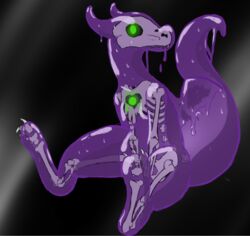  animated_skeleton bone breasts claws dragon dripping feet female frostedscales glowing glowing_eyes goo_creature green_eyes horn monster_girl_(genre) mythological_creature mythological_scalie mythology necroslime_dragon non-mammal_breasts purple_body purple_scales scales scalie simple_background skeleton slightly_chubby slime small_breasts solo spook_(frostedscales) tail thick_tail translucent translucent_body undead wet 