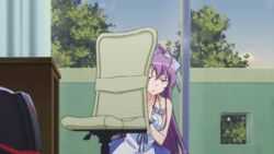  animated animated blue_dress blue_eyes bow chair dress female ghost hair_ribbon hairbow long_hair ponytail purple_hair ribbon ryuugajou_nanana ryuugajou_nanana_no_maizoukin solo 