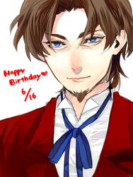  1boy aono_(091139) blue_eyes brown_hair commentary_request dated facial_hair fate/zero fate_(series) formal goatee happy_birthday male_focus mogupen ribbon solo suit tohsaka_tokiomi upper_body 