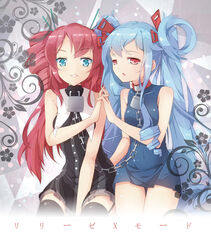  2girls bemani blue_eyes blue_hair blush bondage bondage bound bound_together chains collar commentary drill_hair garter_straps holding_hands linked_collar looking_at_viewer multiple_girls photoshop_(medium) red_eyes red_hair ripe.c smile take_your_pick thighhighs translated twin_drills twintails yuri zettai_ryouiki 