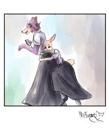 absurd_res beastars bottomwear canid canine canis clothing duo electronics female happy haru_(beastars) hi_res hug hugging_another hugging_from_behind juno_(beastars) lagomorph leporid long_skirt mammal mr.foxman phone rabbit school_uniform skirt uniform wolf 