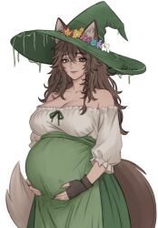  2026 animal_ears animal_humanoid bare_shoulders blue_flower braided_hair breasts brown_hair canid canid_humanoid canine canine_humanoid cleavage clothed clothing degrees_of_lewdity dress english_commentary female fingerless_gloves flower fox_ears fox_humanoid fox_tail freckles furgonomic_hat furgonomic_headwear furgonomics gloves green_eyes green_ribbons gwylan_(degrees_of_lewdity) gwylan_(female)_(degrees_of_lewdity) hair hair_between_eyes hands_on_own_stomach handwear hat hat_flower headgear headwear hi_res humanoid k1w1a mammal mammal_humanoid mouth_closed plant pregnant purple_flower ribbons simple_background solo tail white_background white_flower witch_hat yellow_flower 