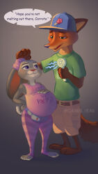  2026 9:16 anthro baseball_cap bottomwear canid canine chuvapavidra clothing disguise disney duo electric_fan european_rabbit female fox fox_tail fur green_eyes grey_body grey_fur handheld_electric_fan handpaw hat headgear headwear hi_res judy_hopps lagomorph leporid male mammal nick_wilde orange_body orange_fur oryctolagus pants pattern_bottomwear pattern_clothing pattern_pants paws pointy_ears pregnant pregnant_anthro pregnant_female purple_eyes rabbit rabbit_ears red_fox scut_tail short_tail striped_bottomwear striped_clothing striped_pants stripes tail talking_to_another talking_to_partner tied_ears true_fox undercover zootopia 