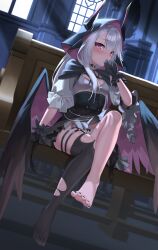  absurdres azur_lane backlighting barefoot black_choker black_cloak black_corset black_gloves black_nails black_thighhighs black_wings blunt_bangs blush bow bow_panties breasts chinese_commentary choker church cloak clothes_lift commentary commission corset covering_own_mouth demon_horns dutch_angle embarrassed erebus_(azur_lane) erebus_(meta)_(azur_lane) fake_horns feathered_wings feet female frilled_gloves frilled_sleeves frills full_body furrowed_brow gloves grey_hair highres hood hood_up horns indoors kensiejan leg_up legs long_hair looking_at_viewer low_wings miniskirt nail_polish no_shoes panties pink_bow pink_eyes pink_wings pleated_skirt presenting_foot puffy_short_sleeves puffy_sleeves shirt short_sleeves single_thighhigh sitting skirt skirt_lift slit_pupils small_breasts solo thigh_strap thighhighs thighs toenail_polish toenails toes torn_clothes torn_thighhighs two-sided_cloak two-sided_fabric underwear variant_set white_panties white_shirt white_skirt window wings 
