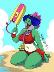  1girls beach blue_sky brawl_stars breasts buzz_(brawl_stars) clothed clothing dinosaur female female_only glasses green_body green_skin humanoid lifeguard open_mouth outdoors public red_shorts red_topwear rescue_buoy rule_63 sand scales scalie shorts spikes spikes_(anatomy) sunglasses supercell swimsuit tongue tongue_out topwear torule34 water whistle 