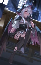  absurdres azur_lane backlighting black_choker black_cloak black_corset black_gloves black_nails black_thighhighs black_wings blunt_bangs blush bow bow_panties breasts chinese_commentary choker church cloak clothes_lift commentary commission corset covering_own_mouth demon_horns dutch_angle embarrassed erebus_(azur_lane) erebus_(meta)_(azur_lane) fake_horns feathered_wings feet female frilled_gloves frilled_sleeves frills full_body furrowed_brow gloves grey_hair highres hood hood_up horns indoors kensiejan leg_up legs long_hair looking_at_viewer low_wings miniskirt nail_polish no_shoes panties pink_bow pink_eyes pink_wings pleated_skirt presenting_foot puffy_short_sleeves puffy_sleeves shirt short_sleeves sitting skirt skirt_lift slit_pupils small_breasts solo thigh_strap thighhighs thighs toes torn_clothes torn_thighhighs two-sided_cloak two-sided_fabric underwear variant_set white_panties white_shirt white_skirt window wings 