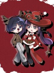  1boy alternate_costume animal_ears antlers aqua_eyes arm_at_side arms_at_sides asymmetrical_bangs asymmetrical_legwear bandeau black_bow black_hair black_pantyhose black_shoes blunt_bangs blunt_ends border bow bright_pupils brown_hood brown_jacket brown_sleeves cape casual contemporary cosplay crescent crescent_hat_ornament deer_ears detached_sleeves drop_shadow elbow_gloves eyelashes eyeliner eyeshadow fake_animal_ears fake_horns female fishnet_top fishnets full-length_zipper full_body fur-trimmed_cape fur-trimmed_skirt fur-trimmed_sleeves fur-trimmed_thighhighs fur_trim garter_belt genshin_impact gloves gold_shoes gold_trim hair_between_eyes hairband hairbow hand_up hands_in_pockets hat hat_ornament highres hood hood_down hooded_jacket horn_hairband horns index_finger_raised jacket kgt1mzp8wzk83g6 long_hair long_sleeves looking_at_viewer makeup midriff mismatched_legwear mona_(genshin_impact) navel pants pantyhose plaid_clothes plaid_skirt pointing pointing_at_self pom_pom_(clothes) ponytail_holder purple_eyes purple_hair red_background red_bandeau red_cape red_eyeliner red_eyeshadow red_gloves red_hairband red_hat red_nose red_sleeves red_thighhighs reindeer_antlers rudolph_the_red_nosed_reindeer rudolph_the_red_nosed_reindeer_(cosplay) santa_costume scaramouche_(genshin_impact) shoes sidelocks single_detached_sleeve single_glove single_leg_pantyhose single_thighhigh skirt star_(symbol) star_hat_ornament star_print thighhighs tongue tongue_out tsurime twintails white_border white_pants white_pupils witch_hat zipper zipper_pull_tab 