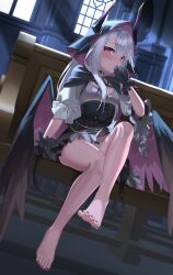  absurdres azur_lane backlighting bare_legs barefoot black_choker black_cloak black_corset black_gloves black_nails black_wings blunt_bangs blush bow bow_panties breasts chinese_commentary choker church cloak clothes_lift commentary commission corset covering_own_mouth demon_horns dutch_angle embarrassed erebus_(azur_lane) erebus_(meta)_(azur_lane) fake_horns feathered_wings feet female foot_focus frilled_gloves frilled_sleeves frills full_body furrowed_brow gloves grey_hair highres hood hood_up horns indoors kensiejan leg_up legs long_hair looking_at_viewer low_wings miniskirt nail_polish panties pink_bow pink_eyes pink_wings pleated_skirt presenting_foot puffy_short_sleeves puffy_sleeves shirt short_sleeves sitting skirt skirt_lift slit_pupils small_breasts solo thigh_strap thighs toenail_polish toenails toes two-sided_cloak two-sided_fabric underwear variant_set white_panties white_shirt white_skirt window wings 