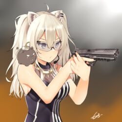  ahoge aiming animal_ears black_nails black_shirt breasts cleavage ear_piercing female fingernails gradient_background grey_eyes grey_hair gun h&amp;k_hk45 hair_between_eyes handgun headset holding holding_gun holding_weapon hololive impossible_clothes impossible_shirt jewelry large_breasts lion_ears long_hair looking_away mocacoco339 nail_polish necklace piercing safety_glasses see-through see-through_cleavage shirt shishiro_botan shishiro_botan_(1st_costume) sideboob signature skin_tight sleeveless sleeveless_shirt solo_focus ssrb_(shishiro_botan) trigger_discipline two-tone_background two_side_up upper_body virtual_youtuber weapon 