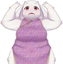  anthro asian_clothing belly_rolls boss_monster_(undertale) bovid breasts bunnag caprine chinese_clothing chinese_dress clothed clothing digital_media_(artwork) dress east_asian_clothing female fur hi_res horn looking_at_viewer mammal navel_outline overweight overweight_anthro overweight_female raised_arms red_eyes shaded simple_background solo toriel undertale undertale_(series) white_background white_body white_fur 