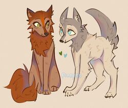  2020 blue_eyes canid canine canis cartoon_saloon duo female female/female feral freckles fur green_eyes grey_body grey_fur heart_symbol hi_res mammal mebh_og_mactire pixeyss red_body red_fur robyn_goodfellowe signature simple_background wolf wolfwalkers 