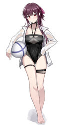  bad_id bad_pixiv_id ball barefoot beachball black_choker black_one-piece_swimsuit blush breasts choker closed_mouth collarbone competition_swimsuit covered_navel female full_body girls&#039;_frontline hair_ribbon hand_on_own_hip highres holding holding_ball legs long_hair long_sleeves looking_at_viewer medium_breasts official_alternate_costume one-piece_swimsuit one_smoke open_clothes open_shirt pink_ribbon purple_hair red_eyes ribbon see-through shirt solo standing swimsuit toes wa2000_(girls&#039;_frontline) wa2000_(op._manta_ray)_(girls&#039;_frontline) wet wet_clothes wet_shirt white_background white_shirt 