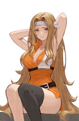  absurdres arms_up belt belt_buckle blonde_hair blush breasts brigid_(fire_emblem) brown_eyes buckle closed_mouth commission dress female fire_emblem fire_emblem:_genealogy_of_the_holy_war headband highres jonbur_man long_hair muneate orange_dress pixiv_commission simple_background single_thighhigh sitting solo thighhighs thighs very_long_hair white_background 